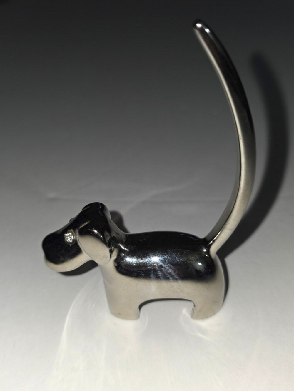 Silver Tone Metal Dog Figurine Long Tail Ring Holder Rhinestone Eyes